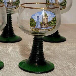 Vintage Volksmarch Wine Glass Mannheim, Gold Band on Rim w/Green Stem Wine Glass